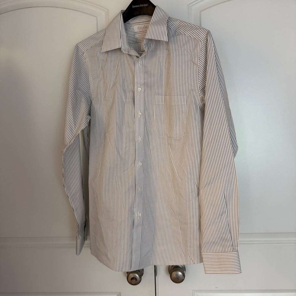 Roundtree & Yorke Gold Label Slim Fit Dress Shirt 15.5 35 Black White Pinstripe